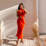 Orange Halter Satin Women Summer Dress 2021 Summer Texture Vintage Ruched Sleeveless Midi Dresses for