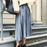 2020 Women Long Metallic Silver Maxi Pleated Skirt Midi Skirt High Waist Elascity Casual Party