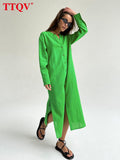 Casual Green Linen Dress Ladies Fashion V-Neck Long Sleeve Slit Midi Dress Elegant Single-Breasted Dresses For