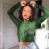 Green Snake Print T Shirt Women Mesh Top Long Sleeve Transparent Snakeskin Female T-shirt High Neck Crop