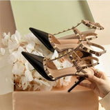 Fine Heel Shoes 2025 New Three-Ring Rivet Shallow Single Shoe Buckle Wearing Anti-Slip Work