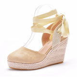 Round Head Water Table Slope Sandals Roman Strap High Heel Sandals Hollow Summer Grass Table Sandals