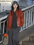 Vintage Red Leather Jacket Women Streetwear Moto Biker Zipper Leather Jacket Female Winter High Street Chic Leather