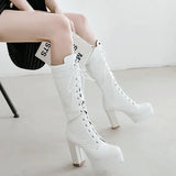 Platform Lacing Knee High Boots Women Square High Heel Motorcycle boots Woman Pu Leather Shoes Autumn Winter Ladies