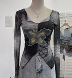 Real Shooting Pure Sexful V-Neck Umbilly T-Shirt Female Hairy Denim Butterfly Embroidered Mesh Yarn Long Sleeve Top