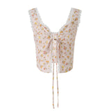 Women Y2K Fairy Low-Cut Sling Floral/Dot Lace-Trimmed Tie-Up Cardigan Short Tops Spaghetti Strap Sleeveless Cami