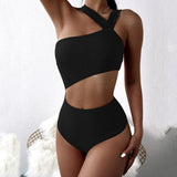 Solid Black Swimwear Women Swimsuit 2021 One Shoulder Swimming Suit Hollow Out Bathing Suits High Waist