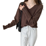 Lazy Wind Loose V-Neck Knit Sweater Female Autumn Winter New Large Size Soft Waxy Inside The Design Feeling Bottom Jacket-Outfit