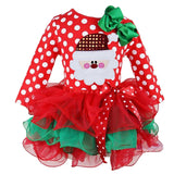 Dot Baby Girl Christmas Santa Dress Cartoon Snowman Print Tutu Red Long Sleeves Toddler Xmas Party Dress New Year