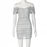 Sexy Mesh Bodycon Off Shoulder Mini Dress Women See Through Ruched Bandage Dresses 2022 Summer Party Evening