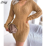 Fashion Twist Knit Sweater Dress for Women Autumn Dresses 2022 New Winter V-neck Full Sleeve Waist Pack Hip Mini