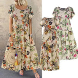 Floral Long Dress Women Summer Elegant Linen Short Sleeve Boho Maxi Dress Female Holiday Sundress Party Dresses