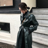 PU Leather Long Jacket 2021 New Spring Women Loose Belt Faux Leather Windbreaker Trench Coat Slim Spring