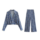Blue Print Wide Leg Pants Women High Waisted Trousers Women Casual Baggy Pants Woman Fashion Summer Women's Pants
