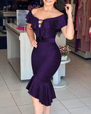 Women New Sexy Glitter Ruffles Cutout Asymmetrical Party Dress Chic Off Shoulder Ruffles Bodycon Midi