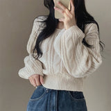 Solid Color Lantern Sleeve Square Collar SweaterOutfit