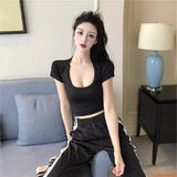 Zingj Solid Color Slim Sexy Female Short Sleeve U Collar T Shirt Basic Korean Version Short Jacket Ebay-Outfit
