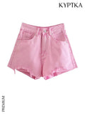 Women Fashion Side Pockets Frayed Hem Denim Shorts Vintage High Waist Zipper Fly Female Jeans