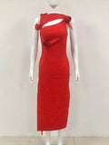 Red 3D Flower Cutout Rhinestone Midi Dress- Outfit