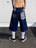 Pocket Embroidered Letter Print Jeans Men's Shorts Summer Vintage Super Wide-Legged Jeans 211-0-Outfit