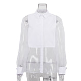 Zingj / Summer 2023 Fashion Shirt Women's Long Sleeve Lapel Organza Patchwork Shirt Top Transparent Sexy Women's Clothes-Outfit
