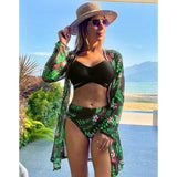 Beach Cover Up And Bikini Set Sexy Swimwear Women Hollow Out Swimsuit High Waist Biquini Female Print