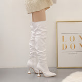 Boots Boots Women's Winter Straight Boots White Pleated High-Heeled Large Knee-Length