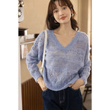 Fashion Sweater Women 2022 Autumn Korean Fashion Loose Solid Vneck Pullover Hollow Out Casual Knitted Tops