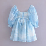 Summer Women Blooming Sky Color Organza Princess Dress Female Sexy Square Neck Puff Sleeve Mini Party Dress Short