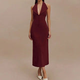 Burgundy Large Collar Halter Midi Dress- Outfit