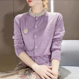 Gray Round Collar Long Sleeve Knit Cardigan Small