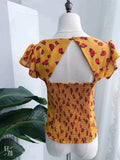 Sweetheart Tie Neck Top With Hollow Out Back In Yellow Floral