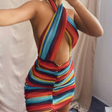 Summer Sexy Women Halter Neck Backless Striped Patchwork Shirring Beach Dress Girls Off Shoulder Bodycon Bandage Wrap