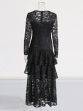 Fashion Sexy Style Dress Woman 2025 Spring New Round Lace Long-Sleeved Skirt Perspective Senior Long