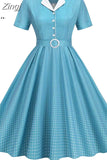 Women Summer Dress Print Plaid Robe Retro Swing Casual Elegant Vintage 50s Rockabilly Dress Party Dresses with Belt