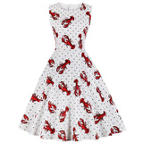 Lobster Printing Women Swing Dress Sleeveless Audrey Hepburn Robe Retro Casual Vintage O-Neck A Line Tunic Dresses