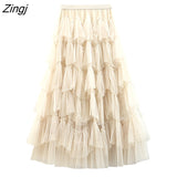 Sweet Multilevel Tulle Long Skirt Women Elastic High Waist A-line Pleated Mesh Skirt Gothic Lolita Female Jupe