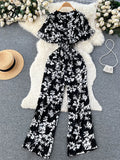 Beach Summer Floral Jumpsuits Fashion V Neck Elastic Slim Short Sleeve 2023 Streetwear Vacation Retro Long