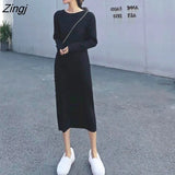Women Long Sleeve Dresses Midi Dress Elegant Ribbed O-neck Straight Korean Style Trendy Simple High Elasticity All-match