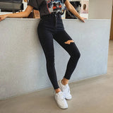 Stylish Black Skinny Jeans Women Streetwear High Waist Ripped Holes Pencil Jeans Stretchable Female Denim Jeans