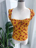 Sweetheart Tie Neck Top With Hollow Out Back In Yellow Floral