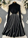 Turtleneck Striped Pleated Knitted Dress Long Sleeve Thick Elastic Warm Dress Women Winter Vinage Chic Sweater
