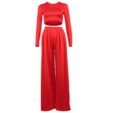 Women Autumn Winter Long Sleeve Crop Tops Straight Wide Leg Long Pants Two Pieces Sets 2020 Falll Clothes