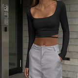 Autumn Square Neck White Long Sleeve Top Crop Sexy Women Cut Out Skinny Solid 2022 Casual Basic T Shirts Summer