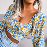 Women T-Shirt Print Color Lantern Sleeve Sexy Beach Style On Holiday Crop Top Chiffon Butterfly OL Female Blouse