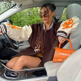 2021 Brown Autumn Winter Oversized Bomber Jacket Baseball Women Blue Loose Embroidery Fashion Varsity Coat