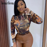 Women Autumn Fashion Long Sleeve Painting Printed Skinny Slim O Neck Bodysuit Romper Playsuit 2020 Fall