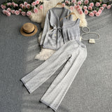 Zingj Suit Female Casual Temperament V Collar Waist Belt Knit Cardigan Jacket Three Piece Set High Waist Wide Leg