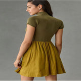 Zingj Parquet Small Turtleneck Dress Short Sleeve Pleated Knit Elegant Pure Color Slim Mini Dress Woman-Outfit