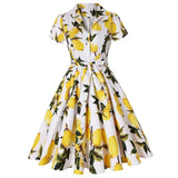 Print Black Pinup Women Cotton Midi Flare Dresses Short Sleeve Knee-Length Floral Print Sundress 50s Swing Party Retro